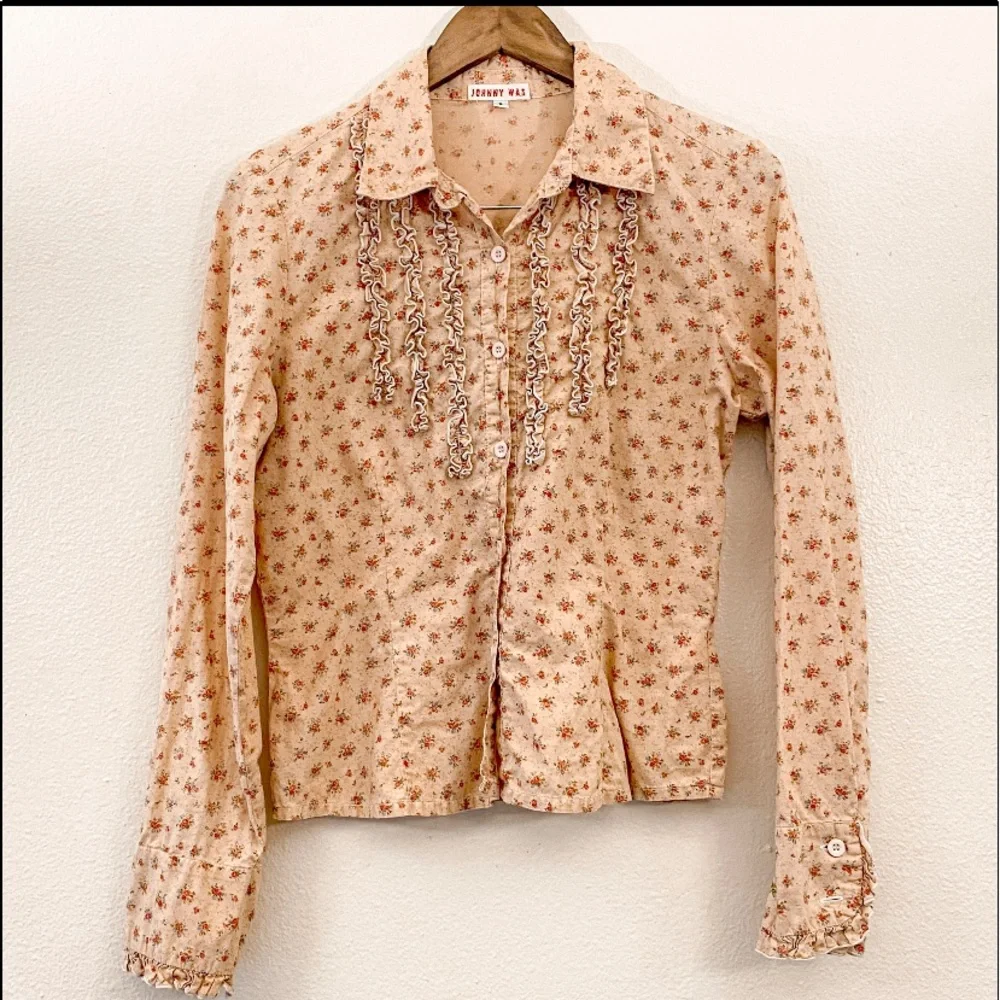 *Johnny Was Pink Button Down embroidered Shirt Red Rose and Ruffles Floral - Picture 4 of 12